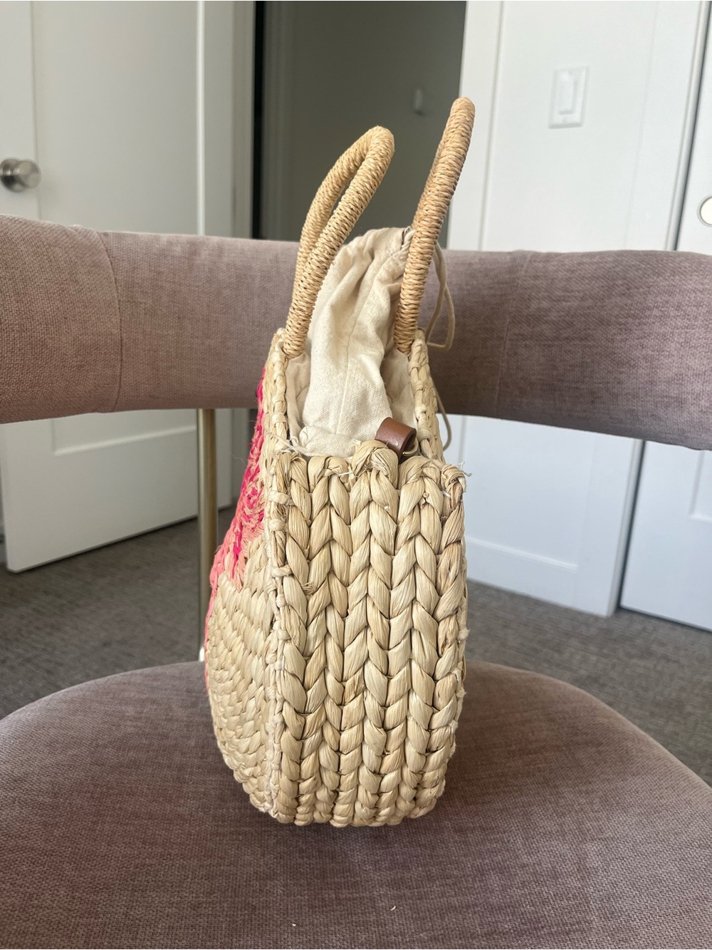 Straw Round Tote with Pink Embroidered Flamingo - Picture 4 of 5